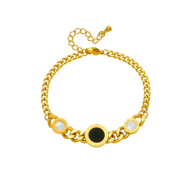 18K Gold Plated Roman Numeral Shell Onyx Bracelet, Dainty Cuban Link Chain Bangle for Women, Trendy Jewelry
