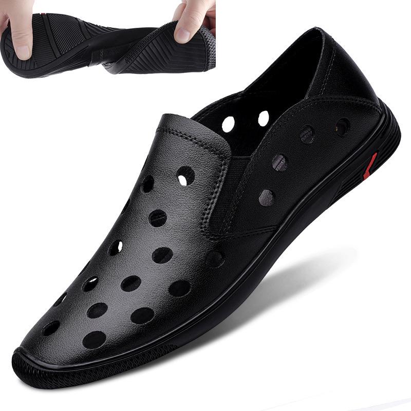 Men's Large Size Cowhide Slip-on Beach Shoes - Soft Sole, Closed Toe, Summer Casual Shoes 46