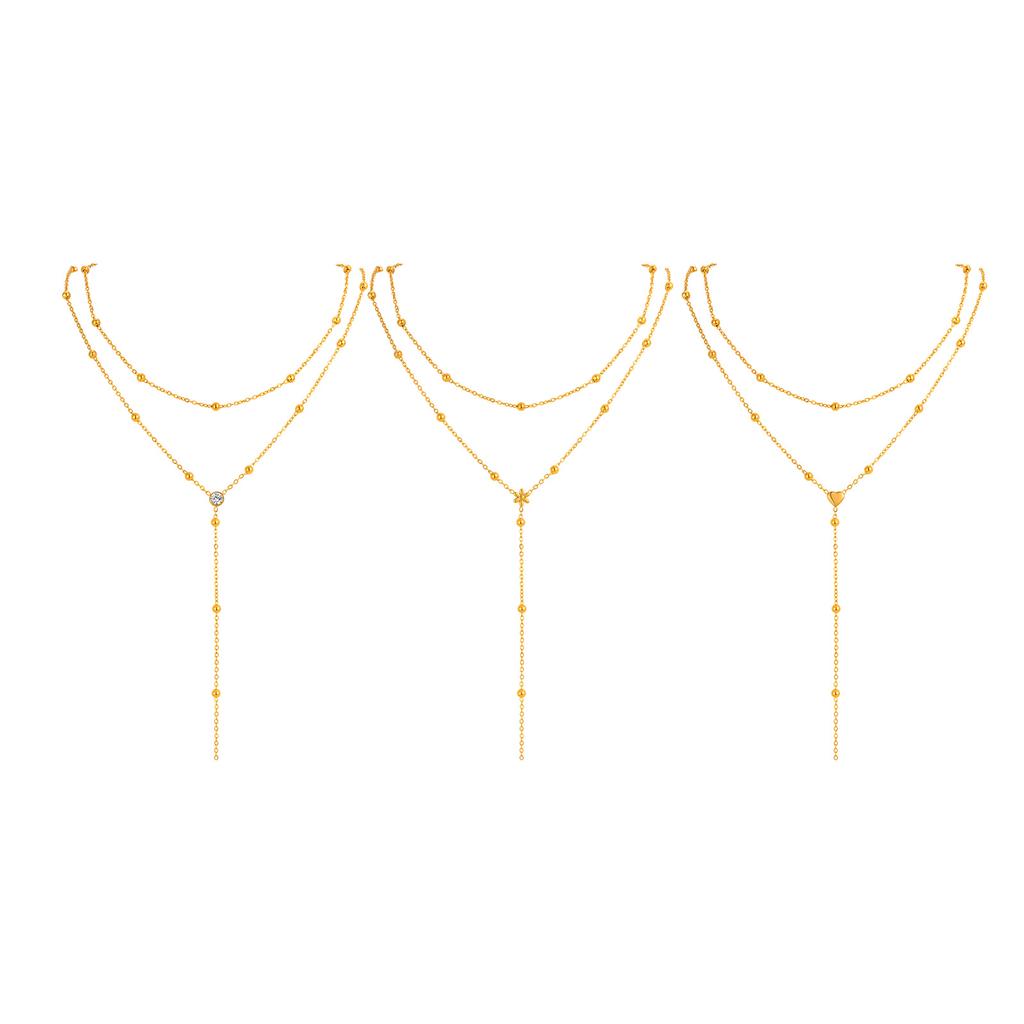 Stainless Steel Bead Chain Tassel Double-layer Y-shaped Necklace for Women, Simple Heart Flower Zircon Gold Plated Long Necklace