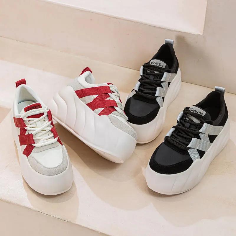 Fashion 8cm Synthetic Women Stable High Platform Chunky Sneakers Fashion Spring Autumn Vulcanize Cow Genuine Leather Lace Up Shoes