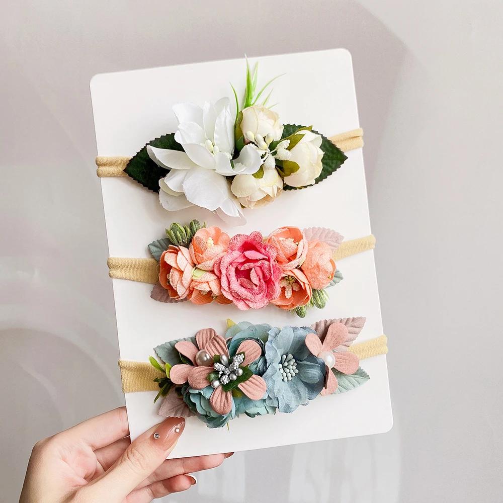 3/4Pcs Artificial Flower Headband for Kids Baby Girls Hair Band Set Floral Newborn Toddler Elastic Nylon Headwear Accessories