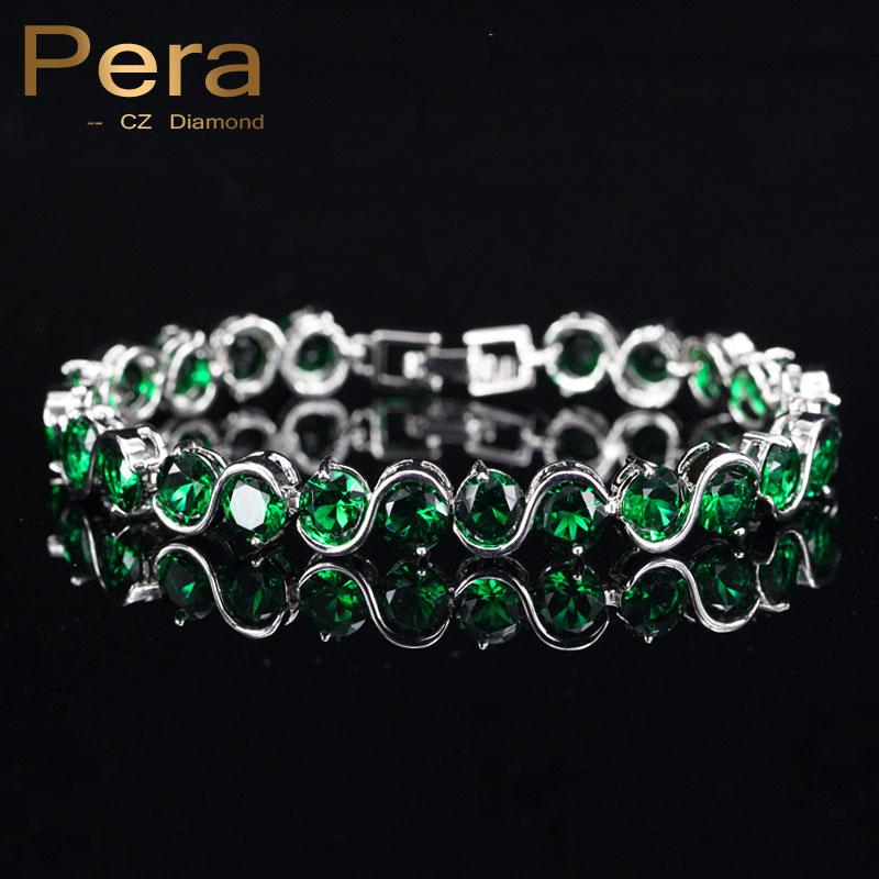

Pera Luxury Bridal Wedding Costume Jewelry Accessories Green Cubic Zirconia S Shape Chain Link Bangle Bracelets for Brides B083