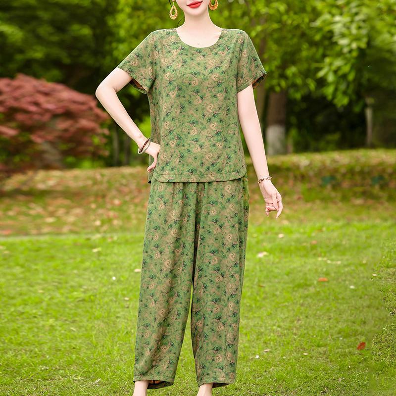 Women's Summer Printed 2-Piece Outfit, Plus Size Casual Short Sleeve Top & Pants Set (XL-5XL)