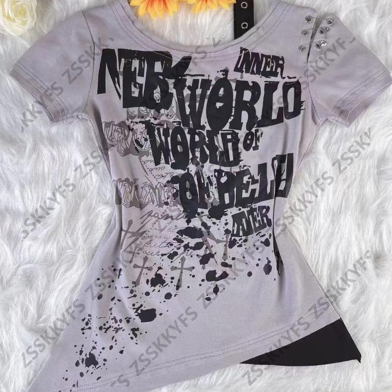 TrendHub Gothic Kleidung T-Shirt Vintage Kurzarm Frau Y2k Streetwear Totenköpfe Punk Damen T-Shirts Gyaru Druck Sommer Emo T-Shirt Top