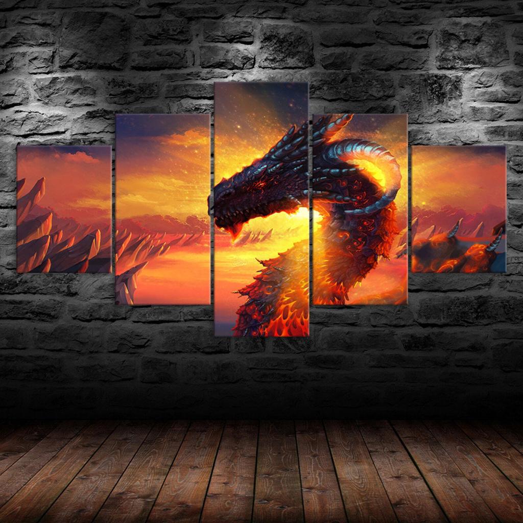 Dragon Fantasy Scenery 5 Piece Five Panel Canvas Print Modern Wall Art Poster Home Decor Gift For Him Her