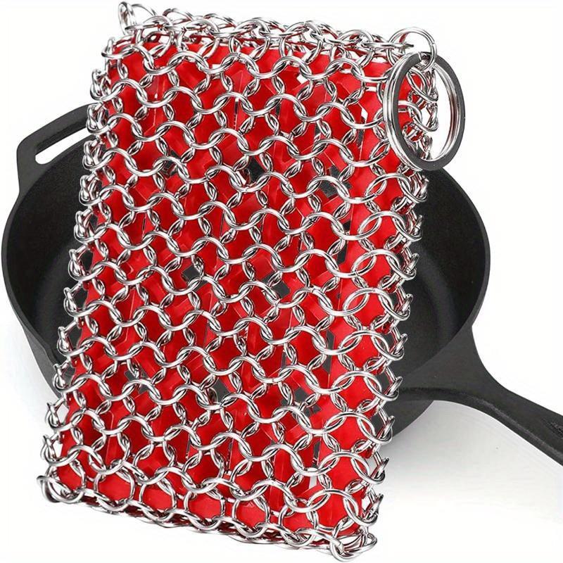Cast Iron Skillet Cleaner, Stainless Steel Chainmail Cleaning Scrubber with Silicone Insert for Cleaning Castiron Pan