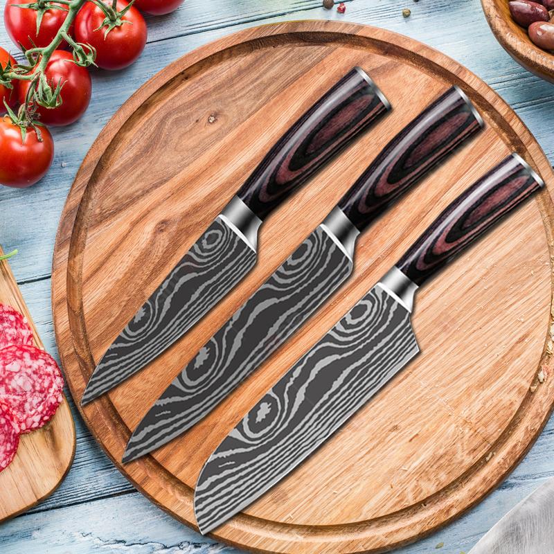 3PCS Kitchen Knives Set Damascus Chef Knife Professional Boning Knife Japanese Santoku Meat Cleaver Knife Kitchen Supplies
