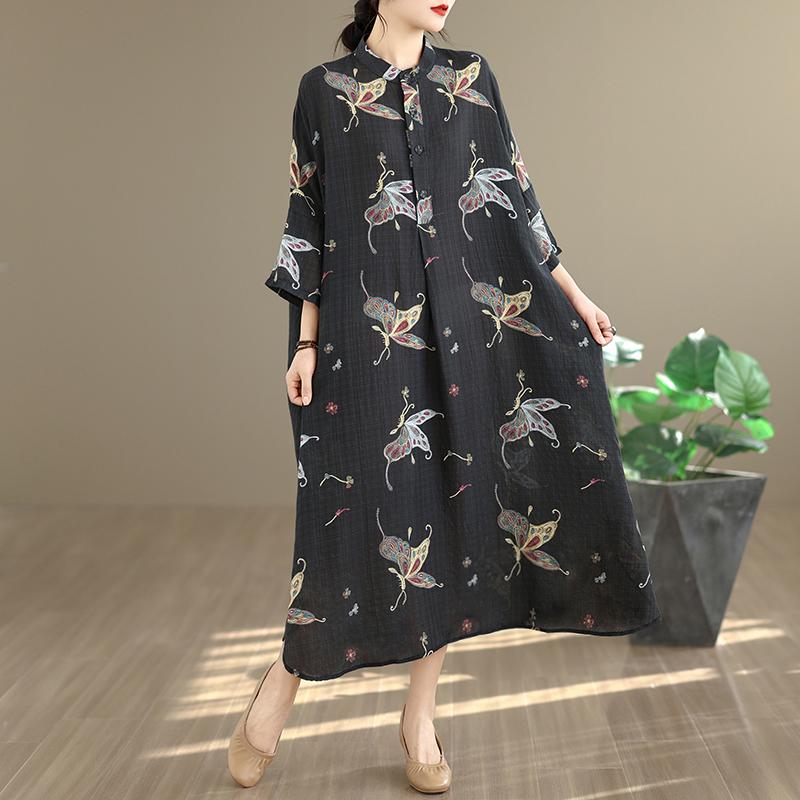 DIMANAF New 2026 Women Plus Size Spring Summer Beach Long Black Dress Vintage Lady Loose Oversize Maxi Floral Print Cotton Button