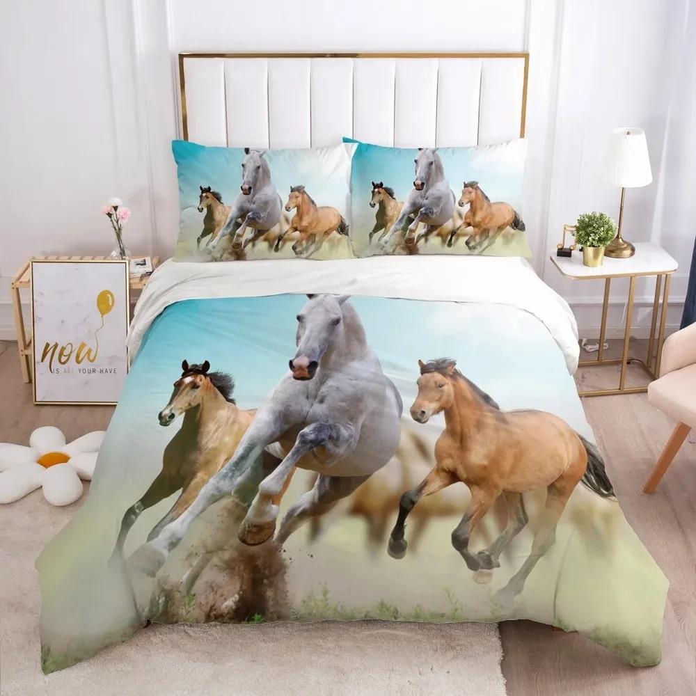 White Horse Duvet Cover Set Queen Size 3D Steed Print Bedding Sets Wildlife Comforter Cover Animals Bedspread Cover Quilt