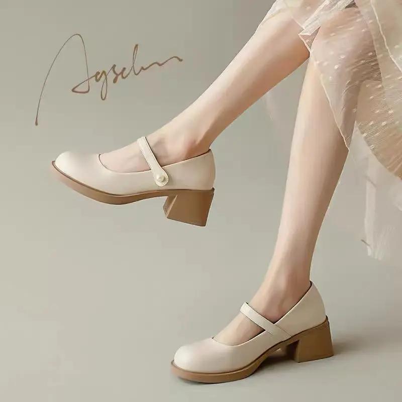 Fashion Round Toe Ladies Pumps Block Heel Gothic Chunky Heels Women's Shoes with Medium Mary Jane Japanese Style Lolita on Sale Slip 39