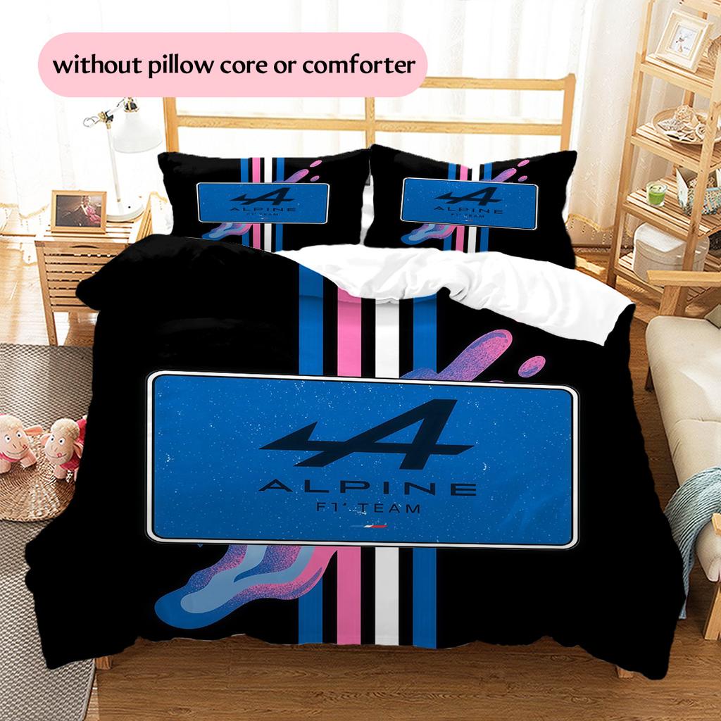 Alpine F1 Team Muster Bettwäsche Steppbett Set Heimdekoration Geschenk (1 Bettbezug + 2 Kissenbezüge (ohne Füllung))