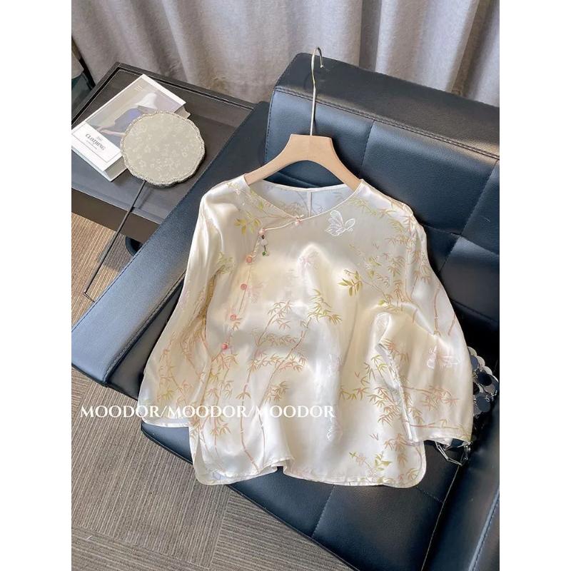 Elegant Bamboo Print Satin Blouse for Women Casual Loose Fit Long Sleeve Shirt Lightweight Silky Top