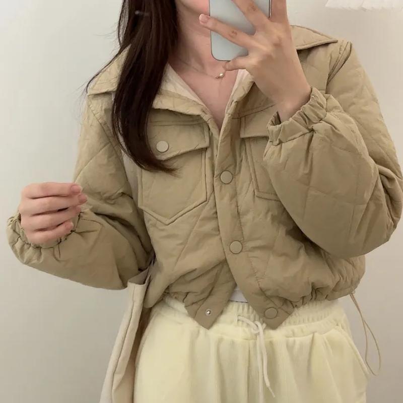 

Осень-зима Корейская хлопковая куртка для женщин в стиле ретро, свободная, с отложным воротником, теплые пальто для женщин, новый дизайн, винтажная повседневная верхняя одежда One size хаки