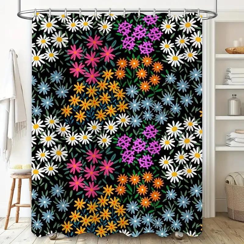 Multicolored Daisy Shower CurtainWaterproof Bath Decoration for Home Decor Black White Floral Pattern, 3D Printing Bathroom Show