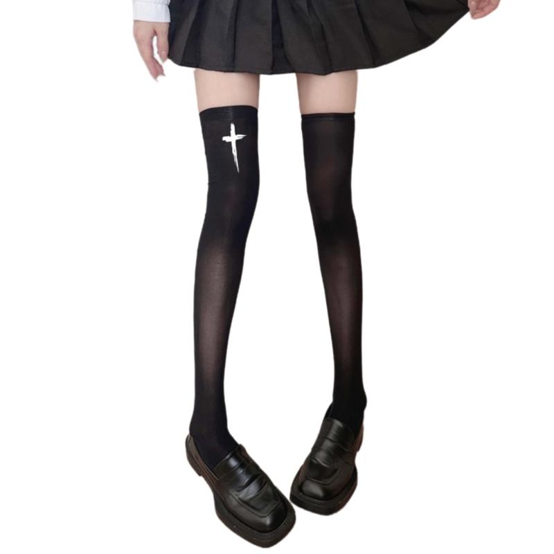 Anime JK Mädchen Kreuz Print Strümpfe Damen Seiden Leggings Strumpfhosen Socken Cosplay Kostüm Über Knie Oberschenkel Hoch Lange Socken