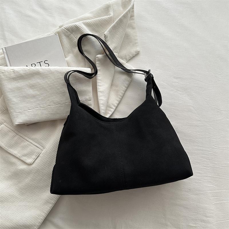

Large Capacity Vintage Suede Textured Shoulder Top Handle Bag Women Fall Winter Simple Versatile Commuter Handbag чёрный