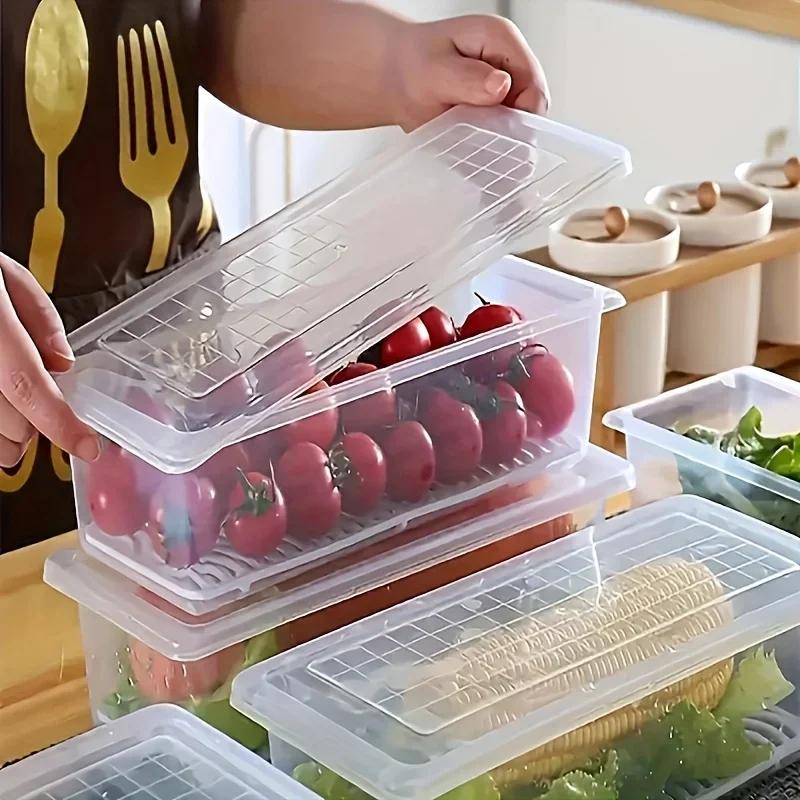 1pcs Airtight Stackable Food Storage Containers Set with Lids & Detachable Drain Tray - Reusable Refrigerator Organizer Boxes