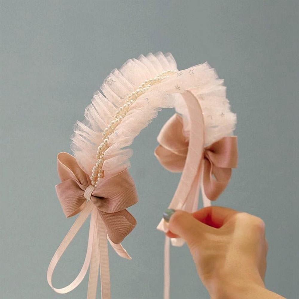 Sweet Bow Lace Headband Lolita Princess Hair Hoop Fashion Pearl Ribbon for Baby Girls