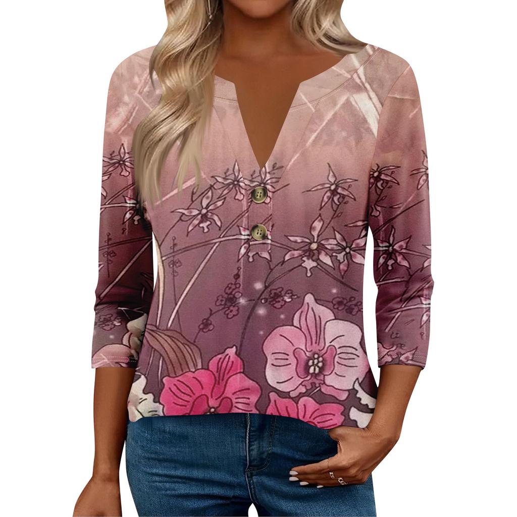 3/4 Sleeve Womens Tops For Women Henely Tops Button V Neck Loose Fit Dressy Womens Summer Tops