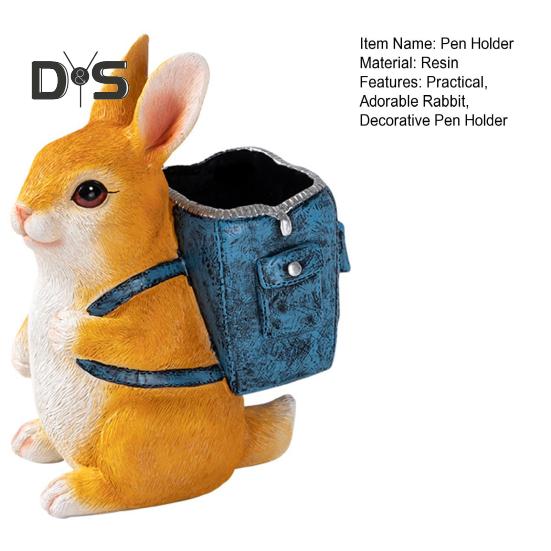 Rabbit Pen Holder Resin Bunny Figurine with Open Backpack Pencil Holder Decorative Rabbit Desk Organizer for Pens Pencils Makeup Brushes