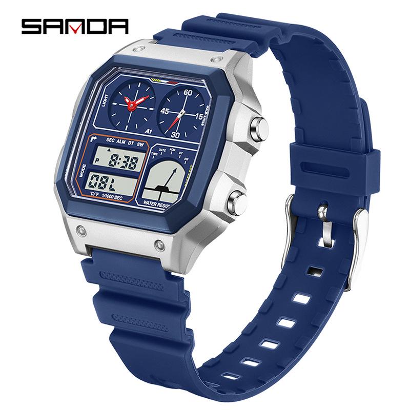 Sanda Temu Temperaturmessung Studenten Sportuhr, Wasserdicht Dual-Display, Multifunktionales Quadratisches Design