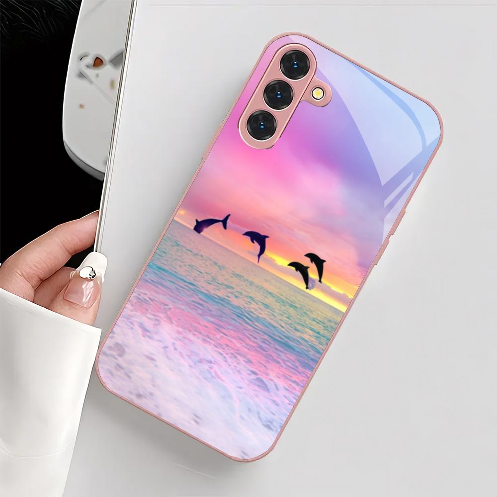 Beautiful Dolphin Metallic Glass Phone Case Suitable for Samsung GalaxyS26 S25 S24 S22 S21 S20FE/Ultra/Plus Anti Drop Rear Cover