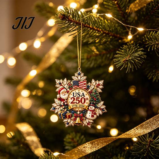 Acrylic Santa Pendant Decorations Christmas Hanging Ornament, Double Side Printed 250th Anniversary Whimsical Tree Baubles for Tree, 2D Flat