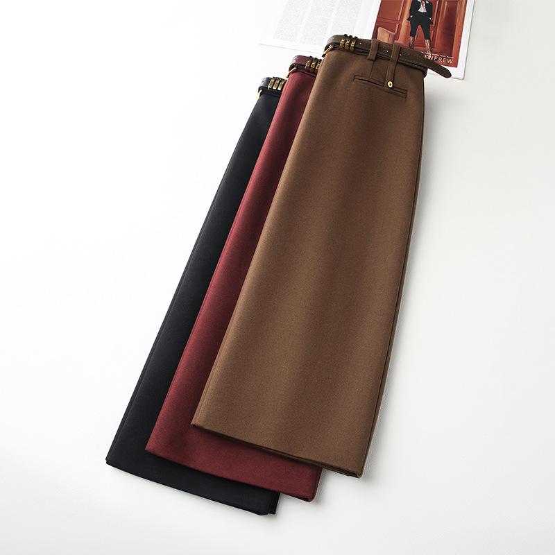 2024 Women's High Waist Angora Red Wool Midi Skirt - Autumn Winter Bodycon Style with Slit