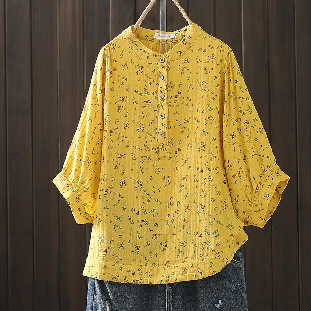Women's Double-layer Cotton Yarn Shirt Floral Stand-up Collar Cotton Yarn Loose Shirt