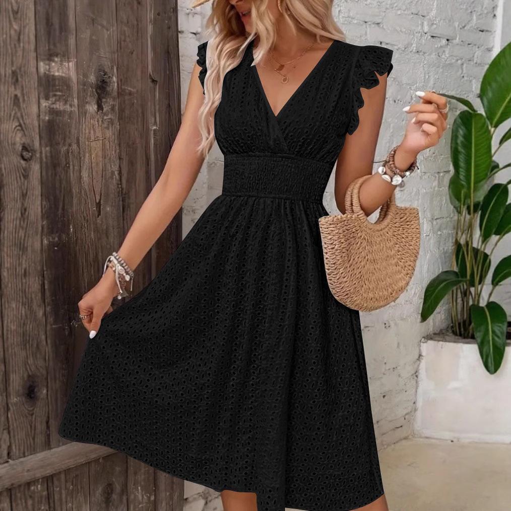 Léto, dámské šaty, šaty s rukávy ve tvaru lotosového listu, šaty s výstřihem do V, prolamovaná výšivka, elegantní pasové šaty