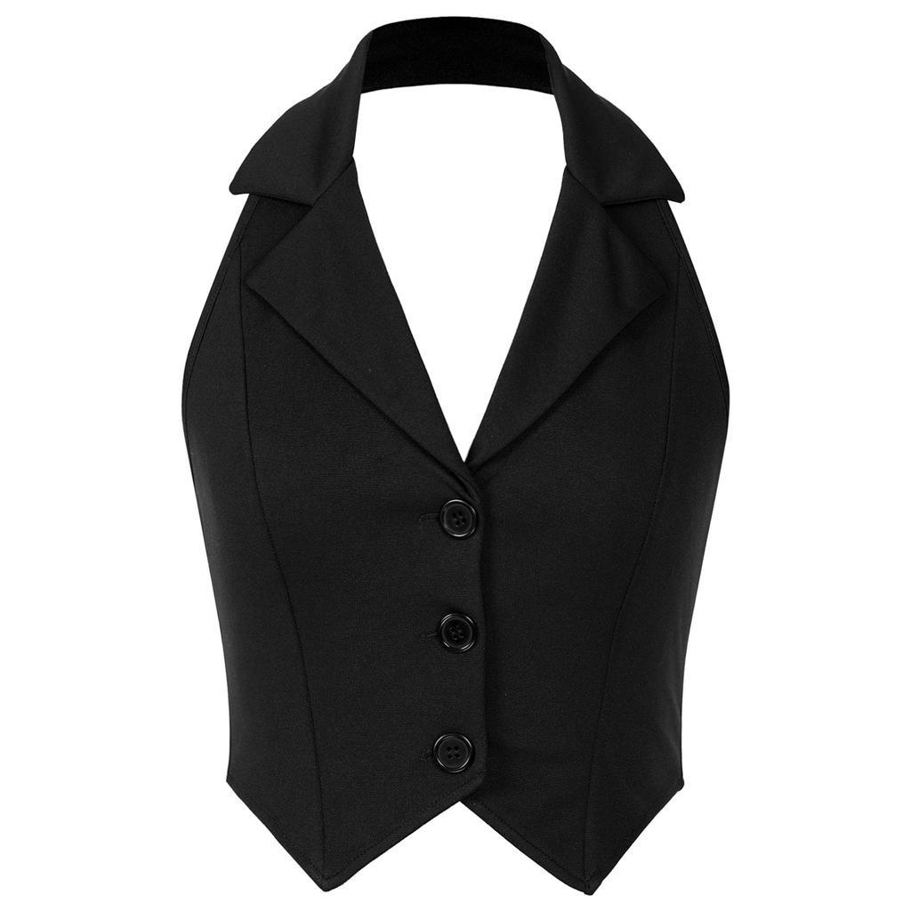 Women Halter Backless Cropped Vest Tops Button Down Dressy Waistcoat Lapel Collar Casual Jackets
