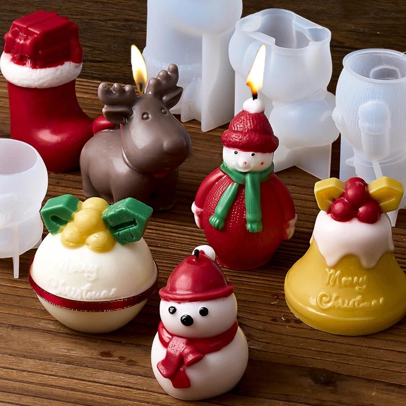 Christmas Seires Candle Silicone Mold DIY 3D Christmas Snowman Elk Bell Socks Scented Plaster Resin Mold Party Decor Craft Gifts