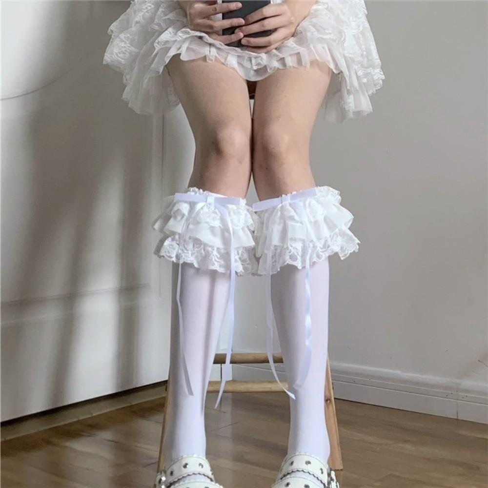 Bowknot JK Knee High Socks Ballet Style Ruffle Uniform Socks Lolita Lace Stockings Japanese Style