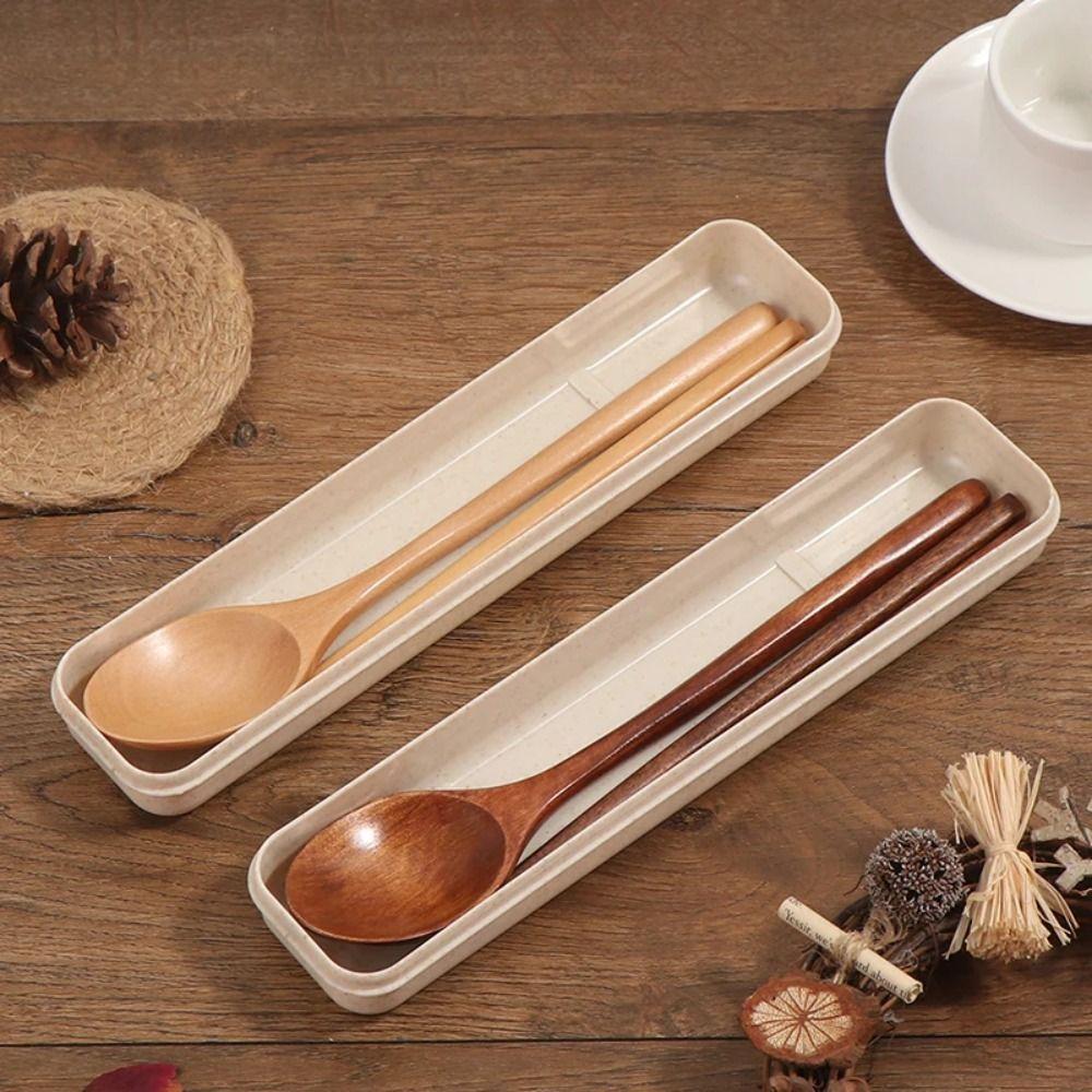 Reusable Portable Tableware With Box Cutlery Set Camp Wooden Chopsticks Spoon Set Adults/Students