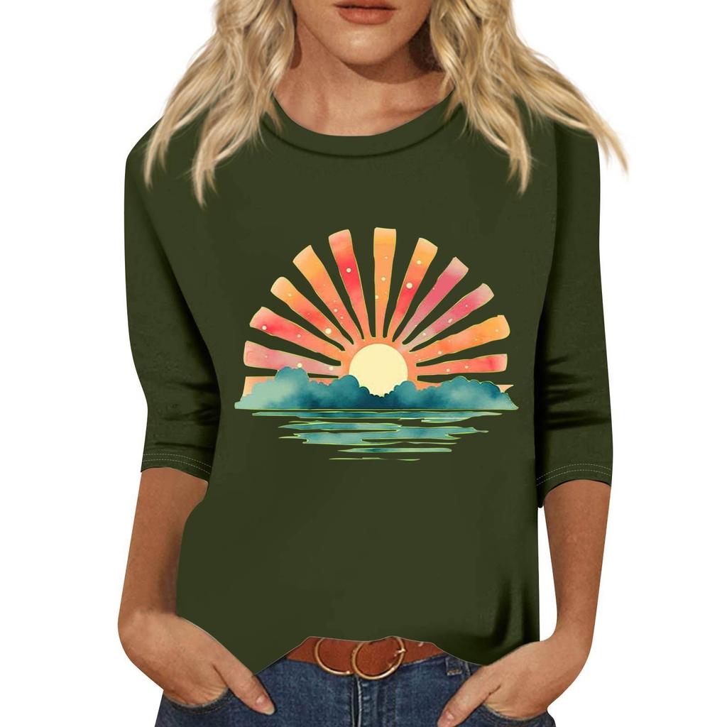 Moda Donna Ampio Casual Manica Sette 3/4 Stampato Girocollo Maglia Pullover