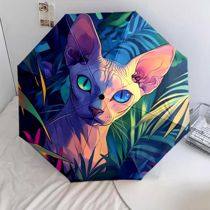 Plant Cat  pattern, automatic folding umbrella, portable and foldable design, 8 ribs, a Christmas or birthday gift.