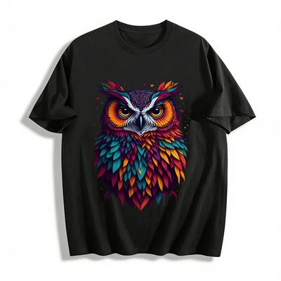 Vibrant Colorful Owl Print Casual Crewneck Unisex T-Shirt Pure Cotton T-shirt
