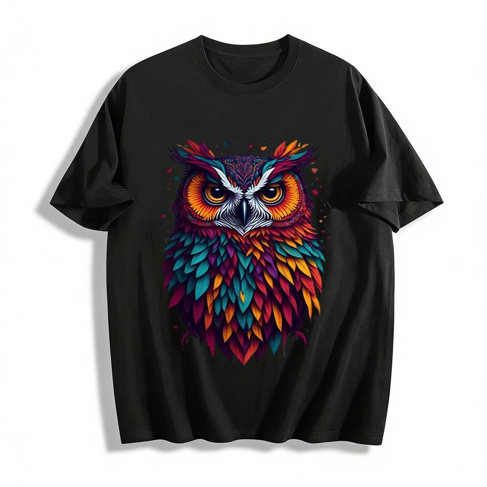 

Vibrant Colorful Owl Print Casual Crewneck Unisex T-Shirt Pure cotton T-shirt XXS