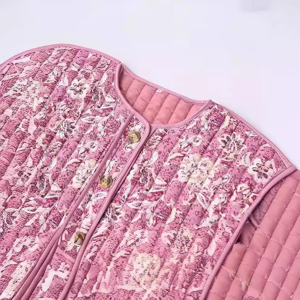 Giacca da Donna con Stampa Floreale Moda Manica Lunga Vintage Autunno Inverno Cappotti Caldi Casual Quotidiano Scollo a O Cappotto Trapuntato Chic