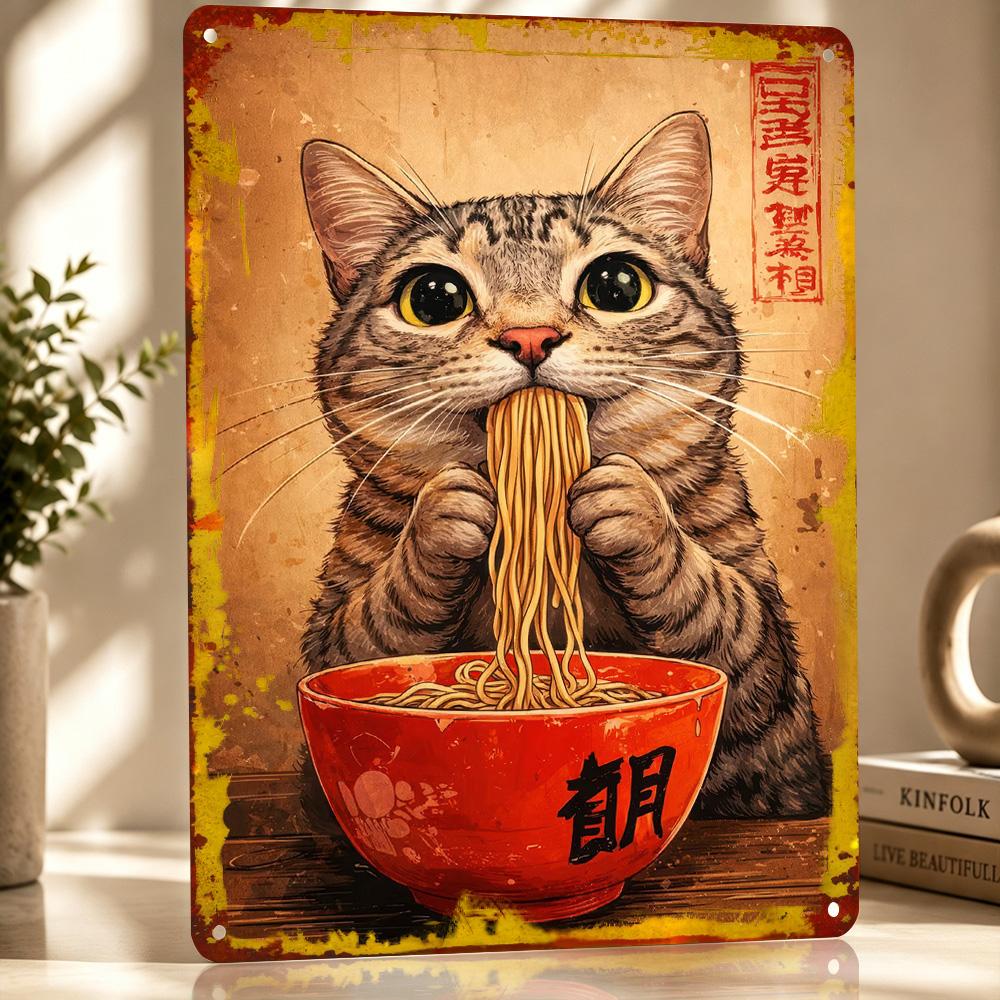 Cat Eating Ramen Noodles Personalized D Textured Metal Poster Wall Art Vintage Tin Signs for Article Decoration Room Wand Deko
