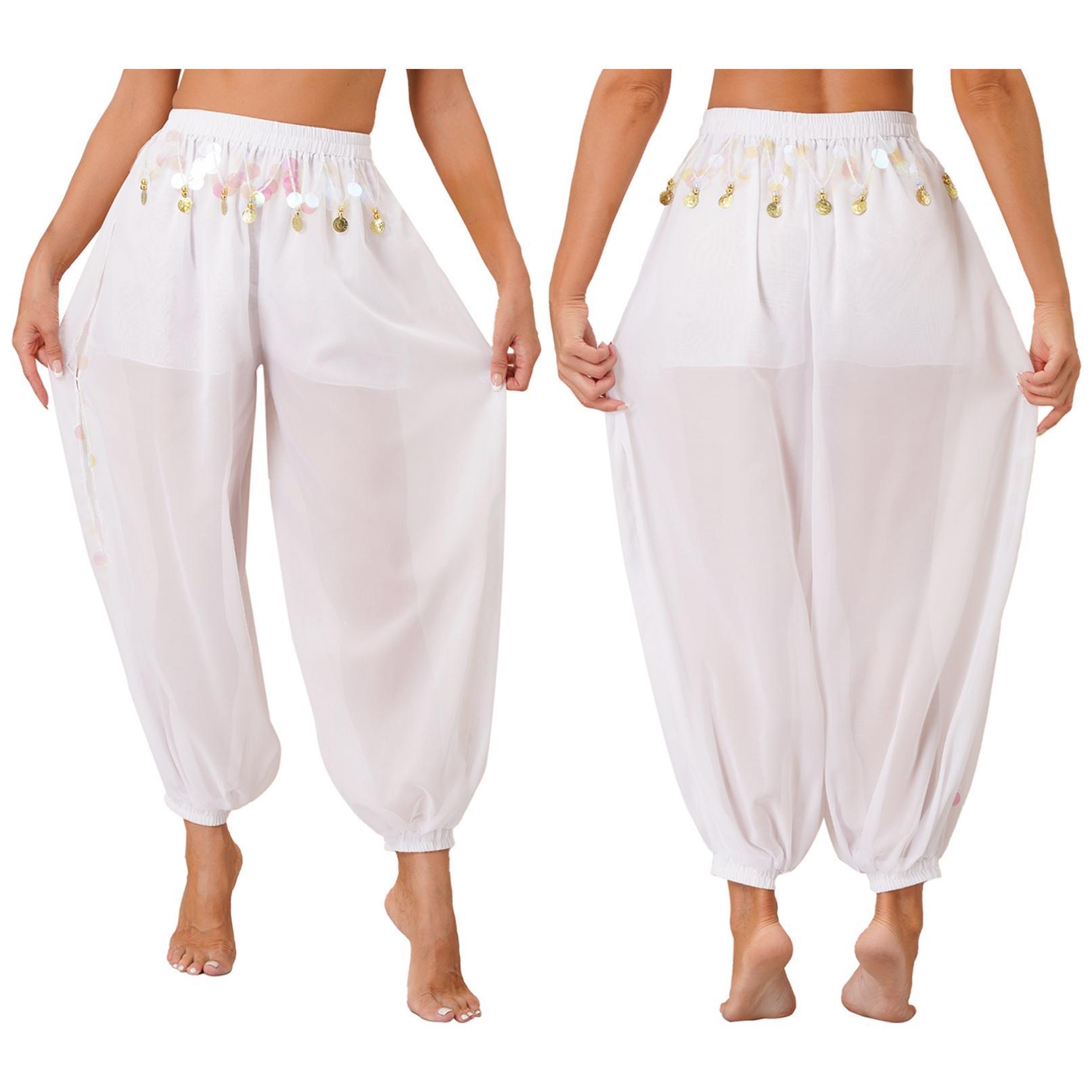 

Жіночий костюм для танцю живота Штани-ліхтарики Блискучі штани-шаровари з розрізом збоку та блискітками Арабські штани на Хелловін One Size білий