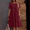 Summer Vintage Loose Pocket Solid Color Crew Neck Women's Cotton Linen Dress