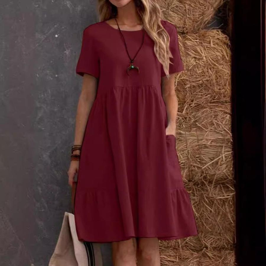 Summer Vintage Loose Pocket Solid Color Crew Neck Women's Cotton Linen Dress