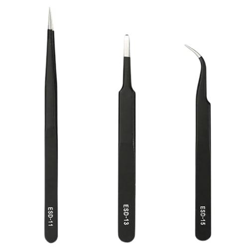 Precision Tweezers, Set of 3, High Precision, Black, Fine Tweezers, for Crafts, Model Making, Ultra-Fine, Precision, Stainless Steel, Rust-Resistant,
