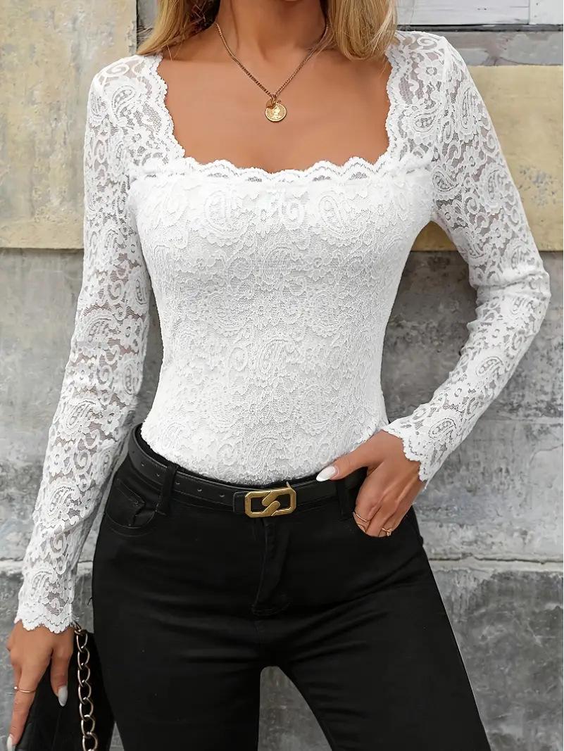 

Elegant French Lace Semi-Sheer Long Sleeve T-shirt Extra Large білий