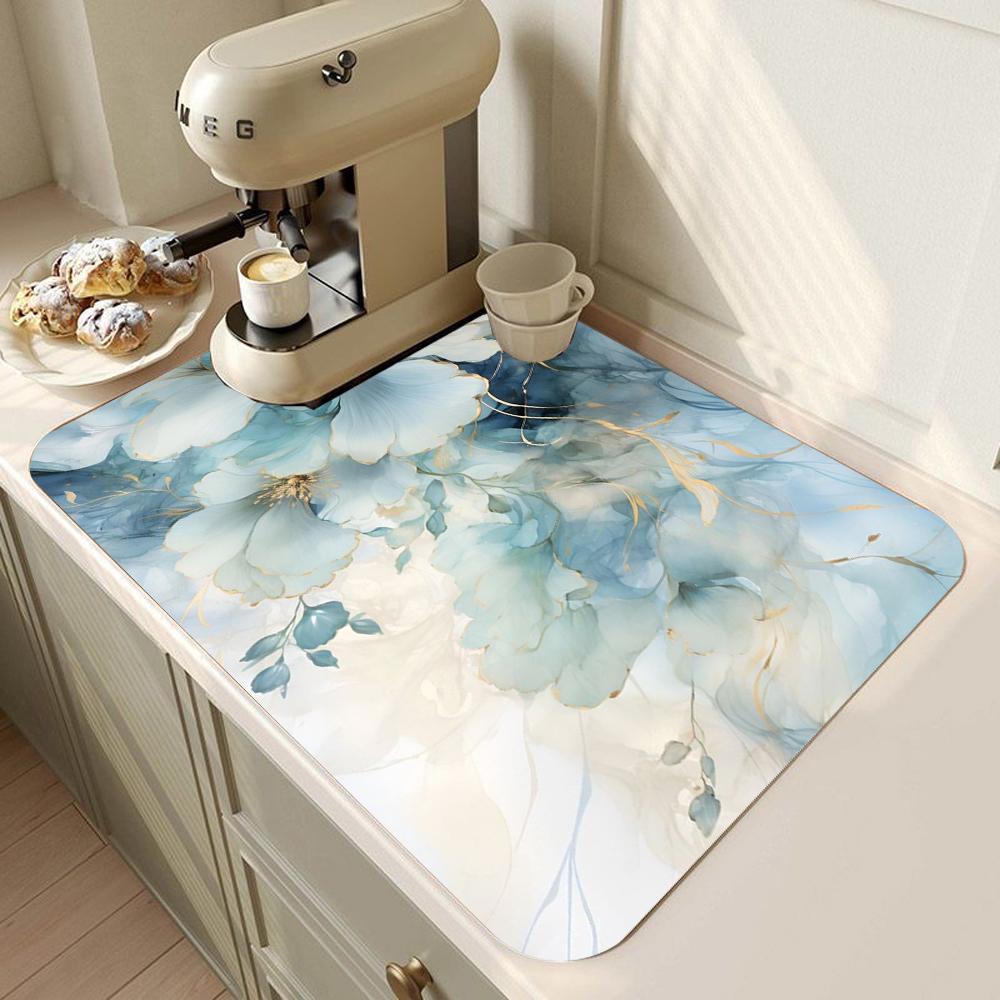 Dish Drying Mat Super Absorbent Drying Mat Coffee Mat with Non-slip for Kitchen Counter Decor Easy Clean Floral Pattern