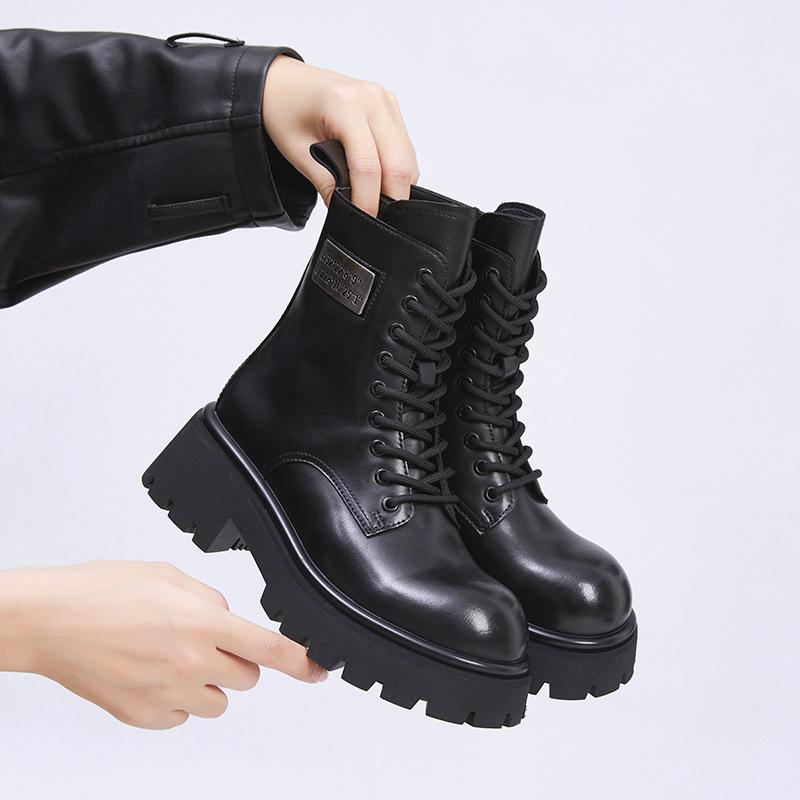 Leather Martin Boots Women's 2025 Winter New Medium Tube Women's Boots Thick-soled Heightening Velvet British Style Versatile Short Boots