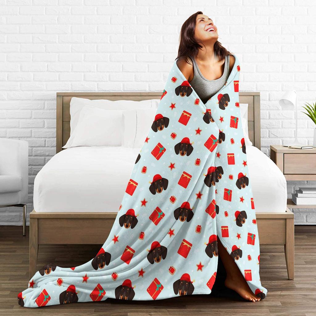 Dachshund Christmas Knitted Blankets Flannel Dogs Animal Super Soft Throw Blankets for Car Sofa Couch Bedroom Quilt