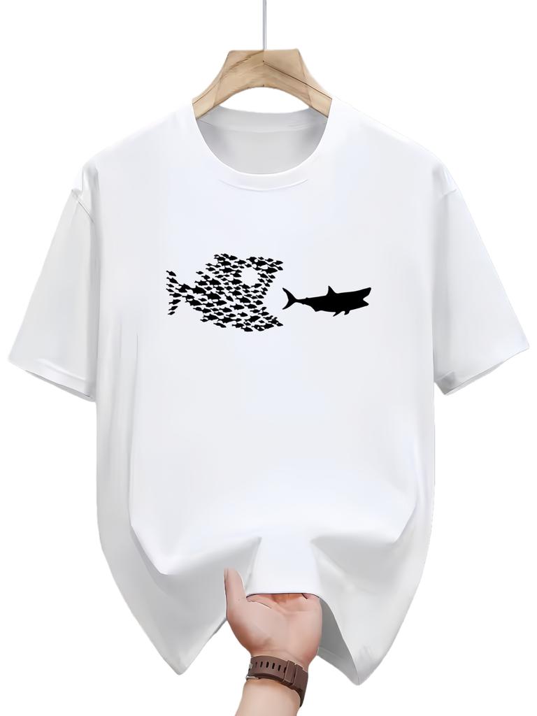 Mens Big Fish Eating Small Fish Pattern Summer Casual Round Neck Short Sleeve TShirt Men Clothing Comfortable