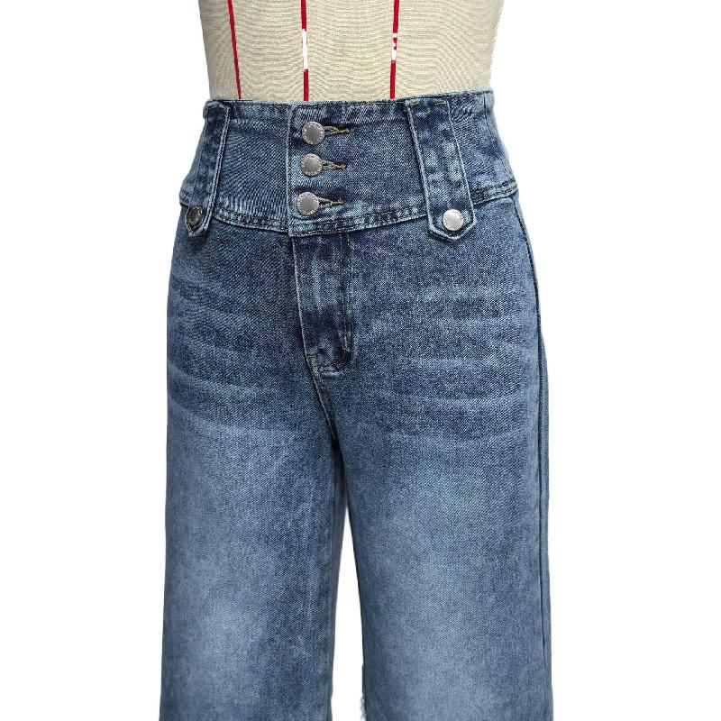 2026 Spring/Summer New Women's High-Waisted Vintage Buttoned Denim Wide-Leg Pants with Split Hem